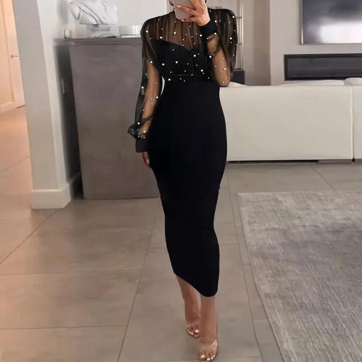 Elegantes Damen Bodycon Kleid mit Stehkragen, Mesh Einsatz, Perlendetail, Reißverschluss und Schlitz