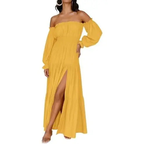 Damen Boho Off-Shoulder Langarm Smocked High-Waist A-Line Maxikleid mit Seitenschlitz
