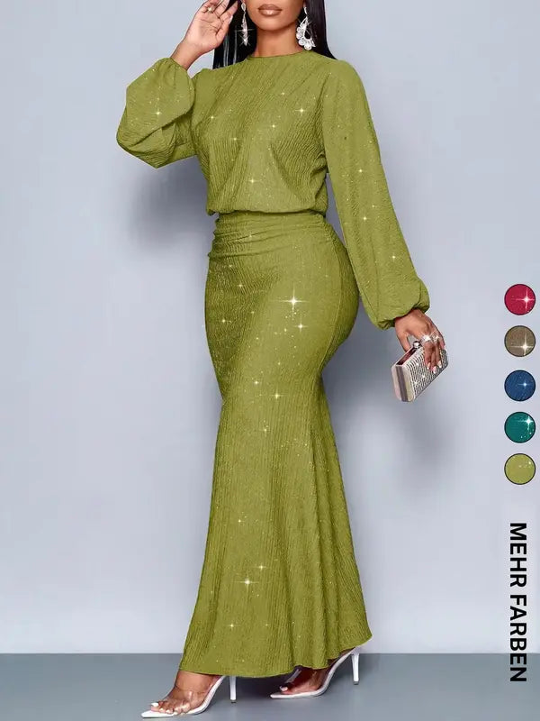 Elegantes Damen Glitzer Maxi Kleid mit langen Ärmeln und hoher Taille