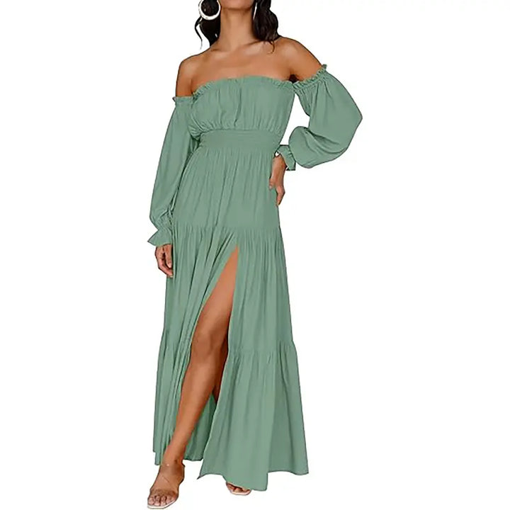 Damen Boho Off-Shoulder Langarm Smocked High-Waist A-Line Maxikleid mit Seitenschlitz
