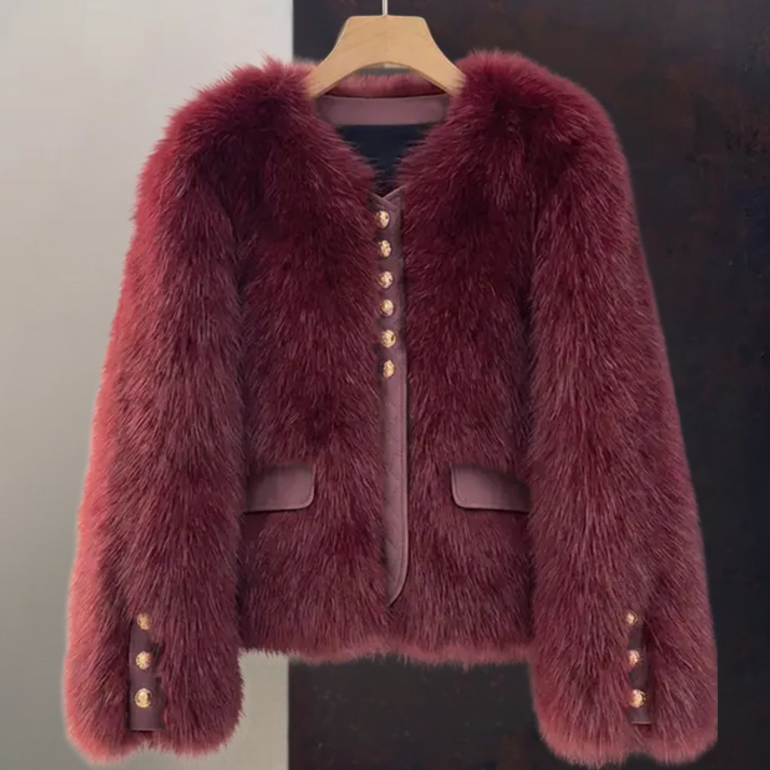 Elegante Damen Kunstpelz Jacke, Kurz Herbst Winter Mantel mit Kontrastbesatz