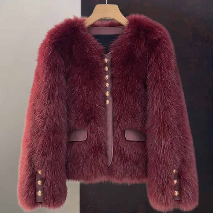 Elegante Damen Kunstpelz Jacke, Kurz Herbst Winter Mantel mit Kontrastbesatz