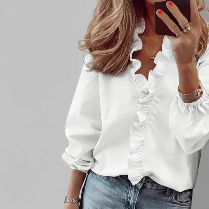 Elegante Damen V-Ausschnitt Bluse mit Rüschen, locker geschnittenes Gewebtes Shirt für Büro