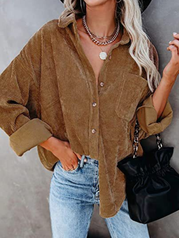 Gemütliches Damen Corduroy Hemd mit Tasche, Drop Shoulder für den Frühling & Herbst