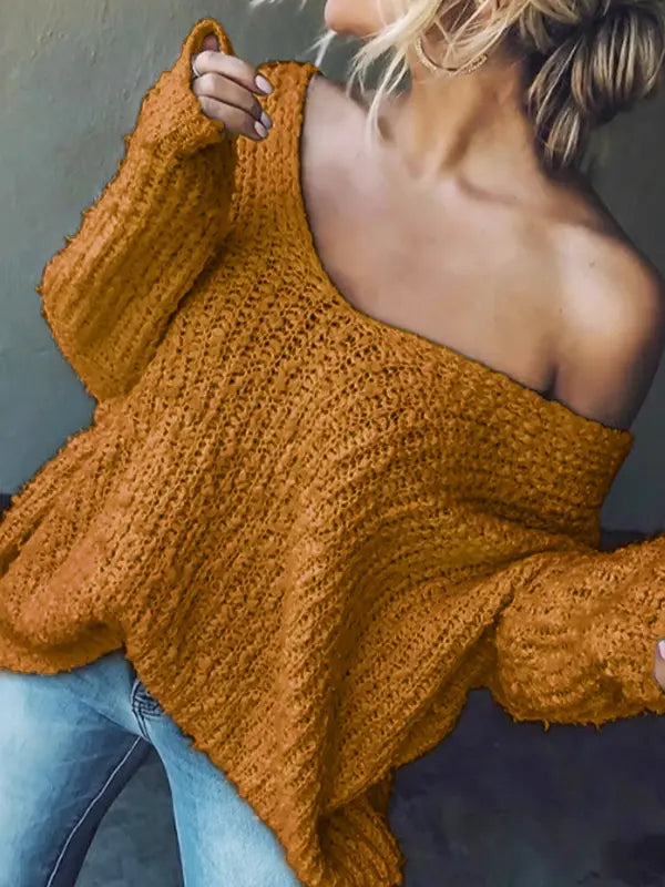 Damen schlichter V Ausschnitt Pullover mit Drop Shoulder und langen Ärmeln