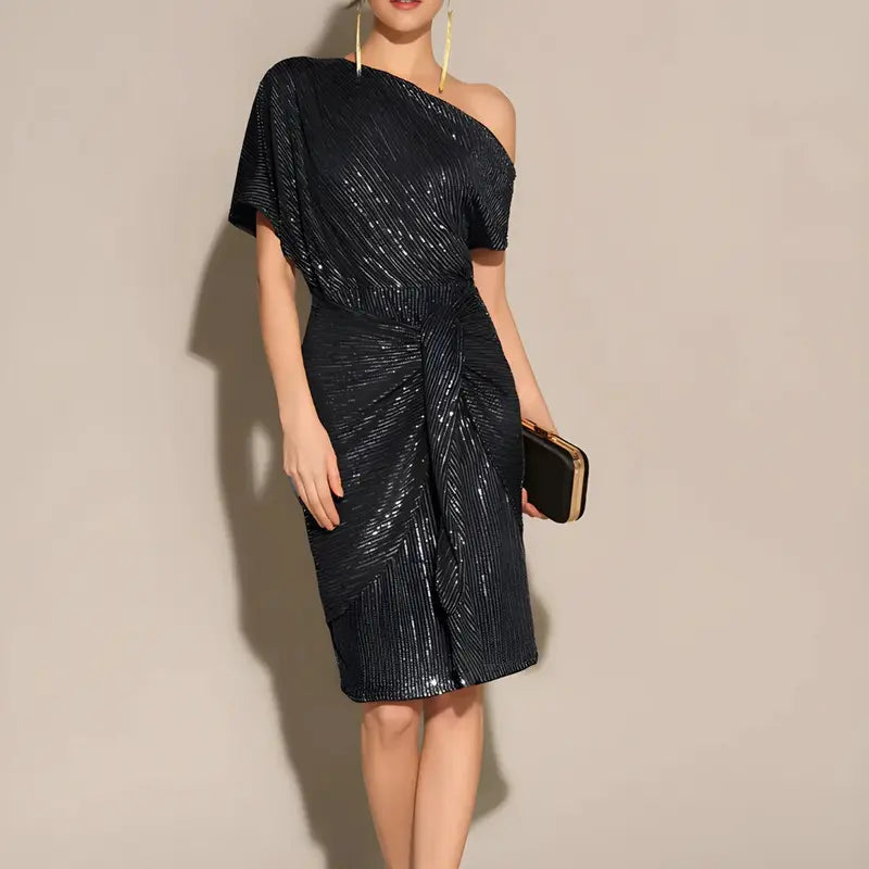 Stilvolles Damen Pailletten Bodycon Kleid mit asymmetrischem Off Shoulder Design und kurzen Ärmeln