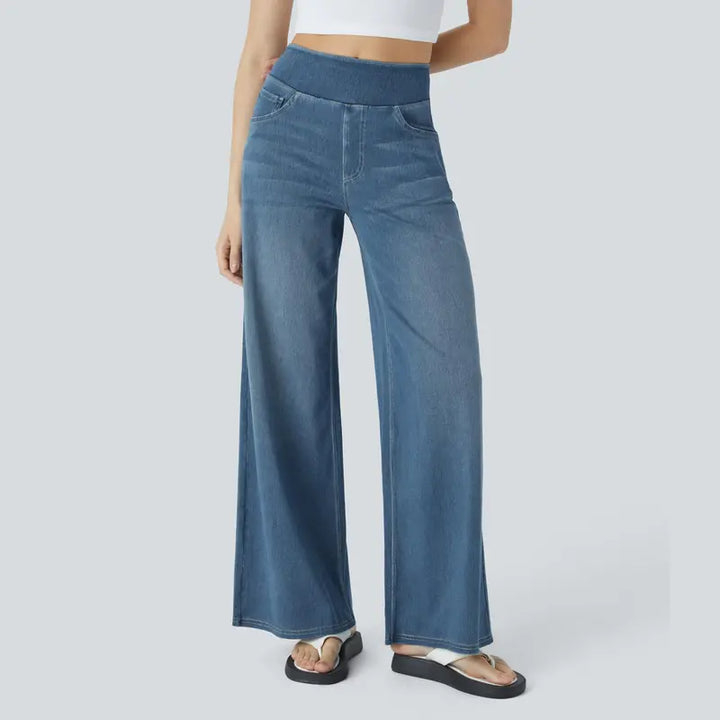 Damen High-Waist Ausgewaschene Baggy Wide-Leg Stretchy Strickjeans mit mehreren Taschen