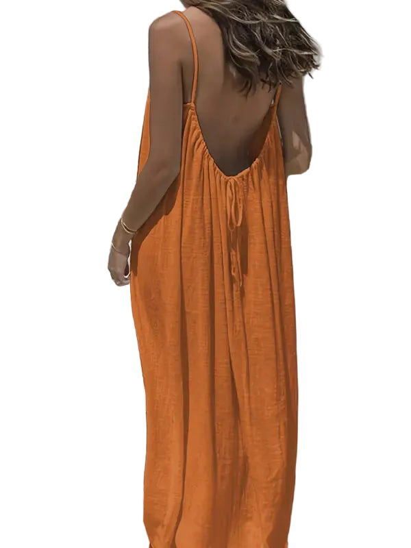 Damen Rückenfreies Trägerkleid in Uni Farbe, ärmelloses Sommerkleid