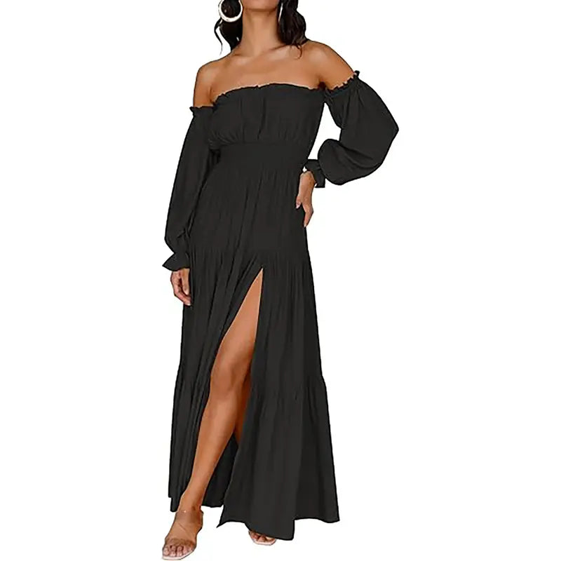 Damen Boho Off-Shoulder Langarm Smocked High-Waist A-Line Maxikleid mit Seitenschlitz