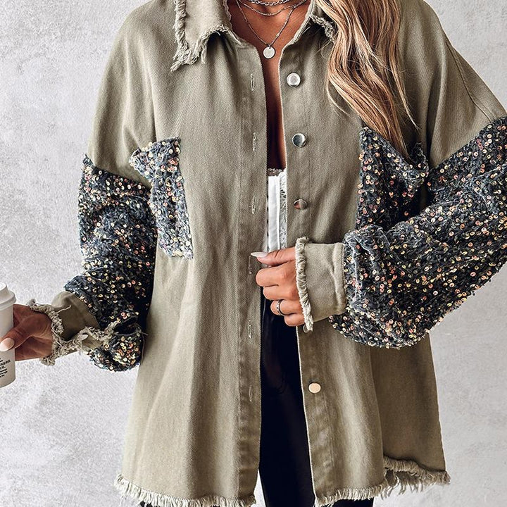 NENITA™ - Schicke Oversized Pailletten Saum Kragen Button-Down Jacke