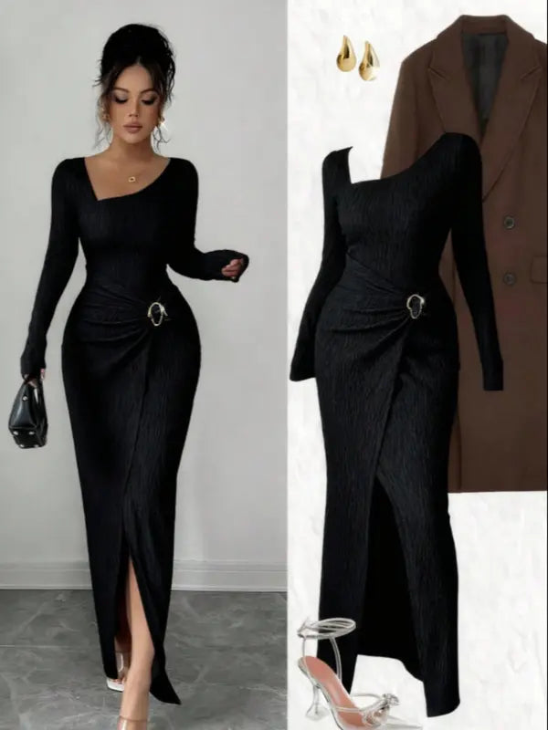 Damen Strick Bodycon Kleid mit asymmetrischem Ausschnitt, Drehdetail und Schlitz für Herbst & Winter