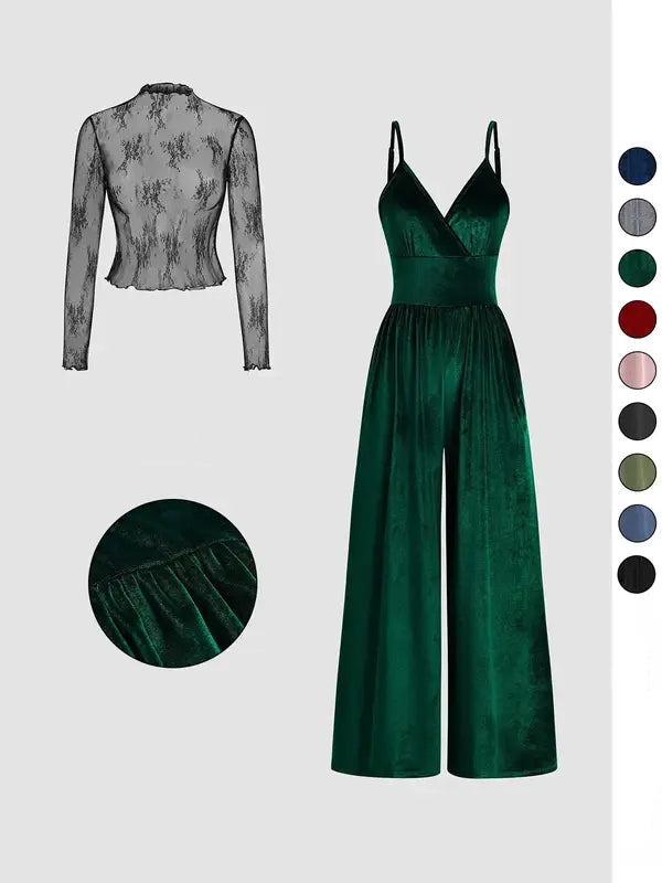 Einfarbiges Spitzen-T-Shirt & Latzanzug-Set für Frühling & Herbst