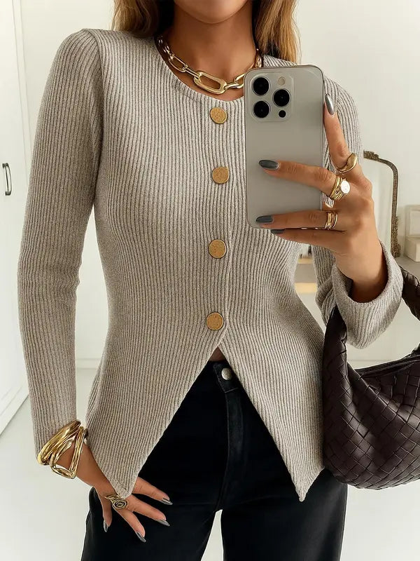 Damen Casual Elegantes Rippstrick Oberteil mit Knopfleiste, figurbetontes Uni Design