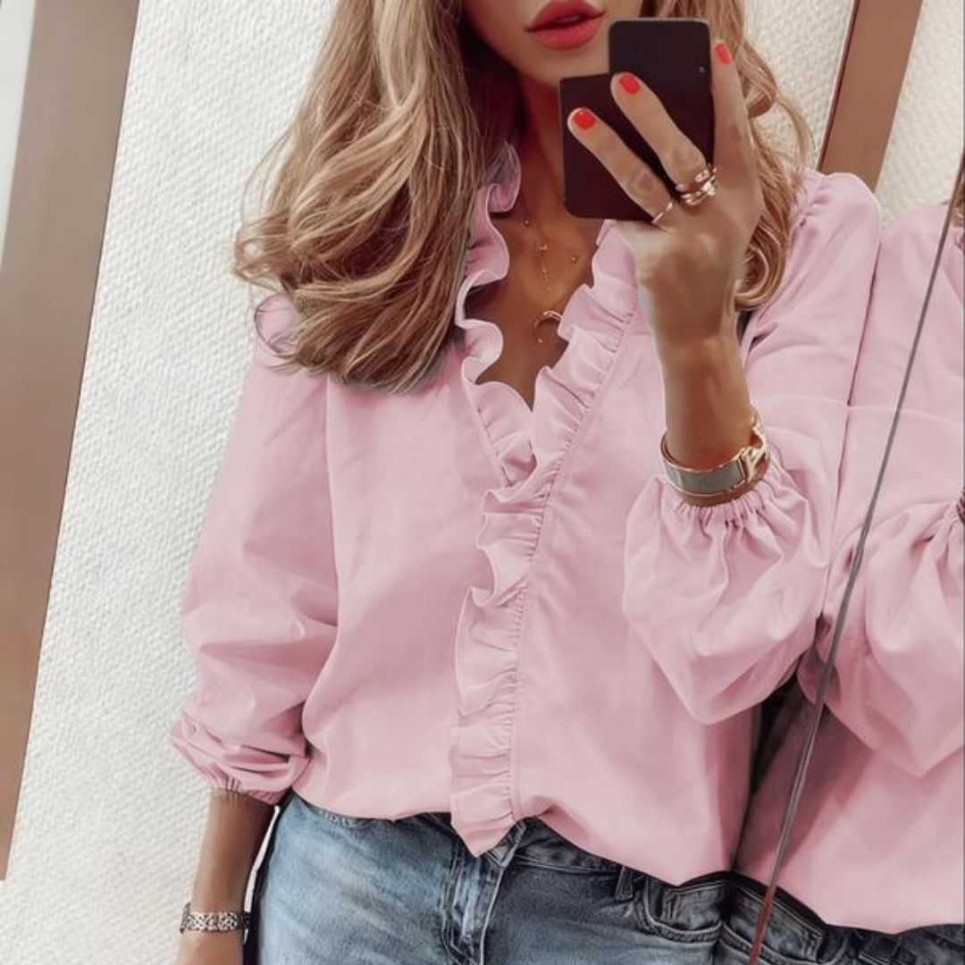 Elegante Damen V-Ausschnitt Bluse mit Rüschen, locker geschnittenes Gewebtes Shirt für Büro