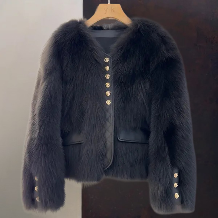 Elegante Damen Kunstpelz Jacke, Kurz Herbst Winter Mantel mit Kontrastbesatz