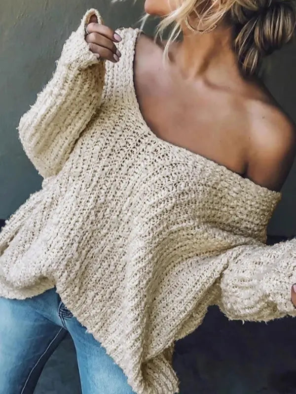 Damen schlichter V Ausschnitt Pullover mit Drop Shoulder und langen Ärmeln