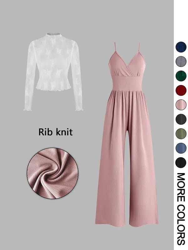 Solid Lace Tee & Pocket Jumpsuit Zweiteiliges Set