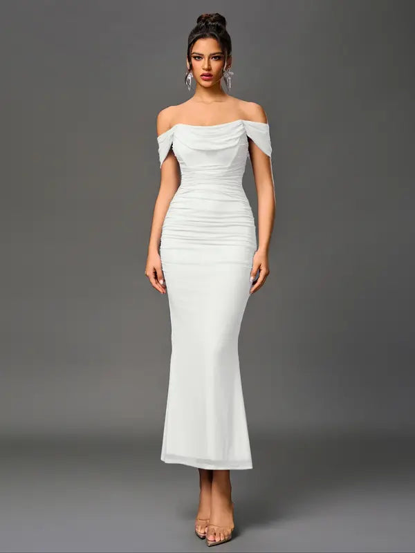 Elegantes Damen One Shoulder Mesh Kleid mit Raffungen, Korsett Design und rückenfreiem Schnitt