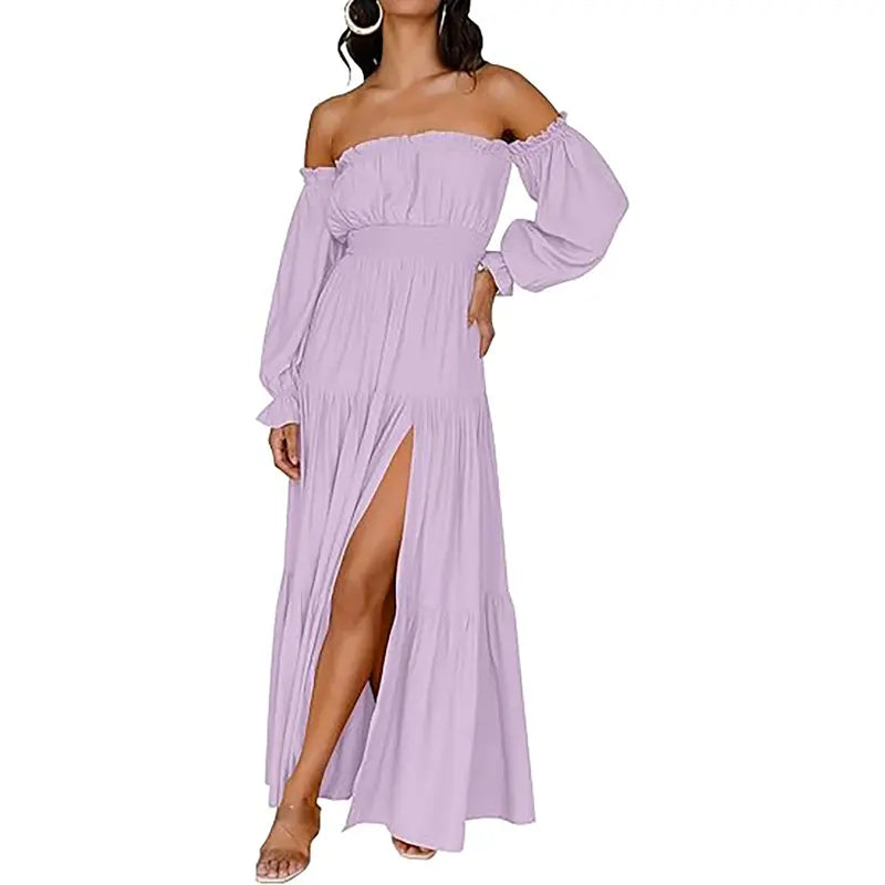 Damen Boho Off-Shoulder Langarm Smocked High-Waist A-Line Maxikleid mit Seitenschlitz