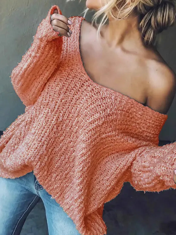 Damen schlichter V Ausschnitt Pullover mit Drop Shoulder und langen Ärmeln