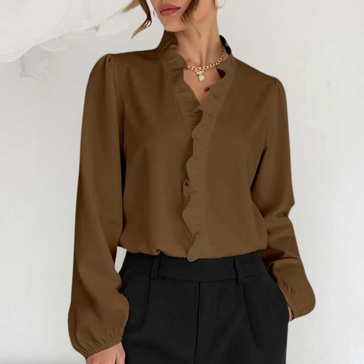 Elegante Damen V-Ausschnitt Bluse mit Rüschen, locker geschnittenes Gewebtes Shirt für Büro