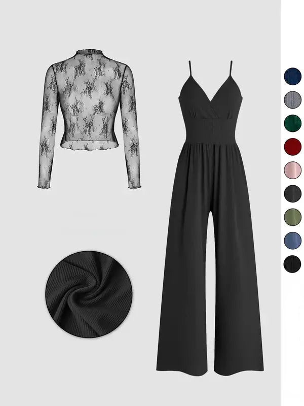 Einfarbiges Spitzen-T-Shirt & Latzanzug-Set für Frühling & Herbst