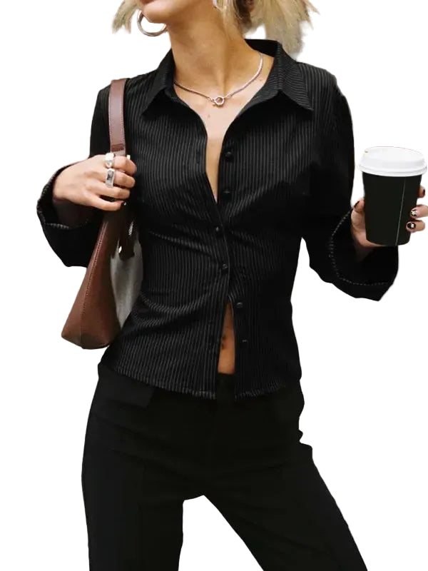 Damen Gestreiftes Langarmhemd mit Knopfleiste für den Alltag