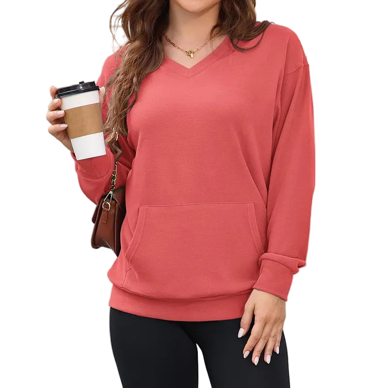 Gemütlicher Damen Hoodless V-Ausschnitt Sweatshirt mit Kängurutasche, Fleece Langarm Oversized Shirt
