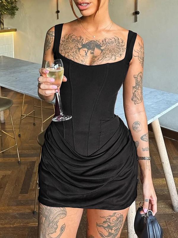 Sexy Fischgräten-Raffung Drawstring Mini Korsett Bodycon Party Kleid
