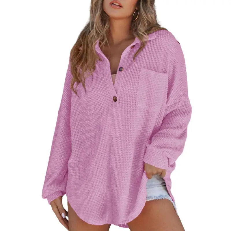 Bequemes Damen Oversized Henley Strick Tunika Shirt mit V-Ausschnitt und langen Ärmeln
