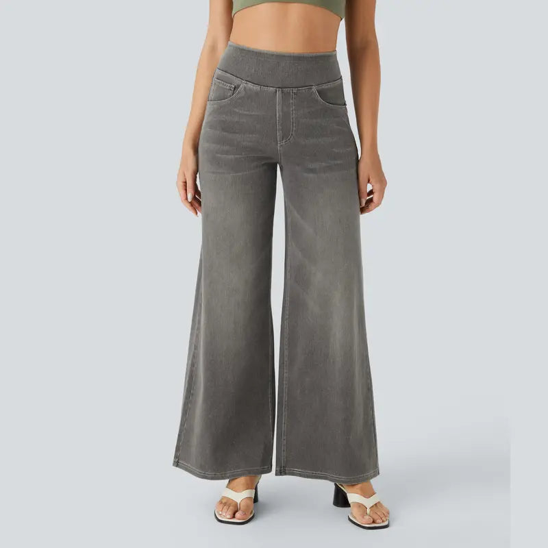 Damen High-Waist Ausgewaschene Baggy Wide-Leg Stretchy Strickjeans mit mehreren Taschen