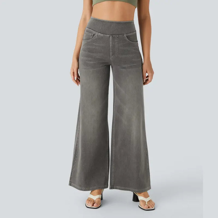 Damen High-Waist Ausgewaschene Baggy Wide-Leg Stretchy Strickjeans mit mehreren Taschen