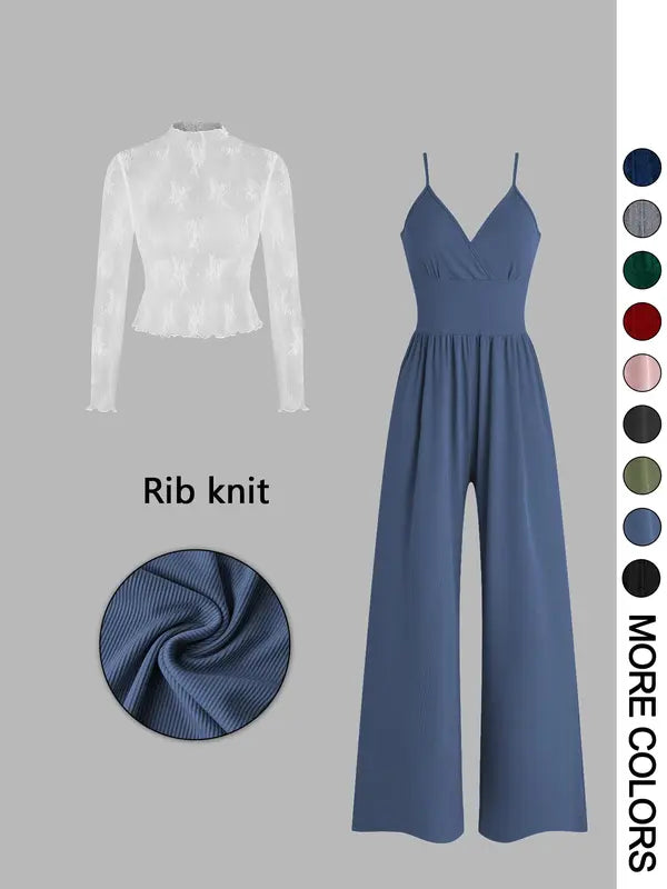 Solid Lace Tee & Pocket Jumpsuit Zweiteiliges Set