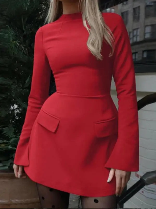 Crew Neck Langarm Bodycon Mini Kleid Für Damen