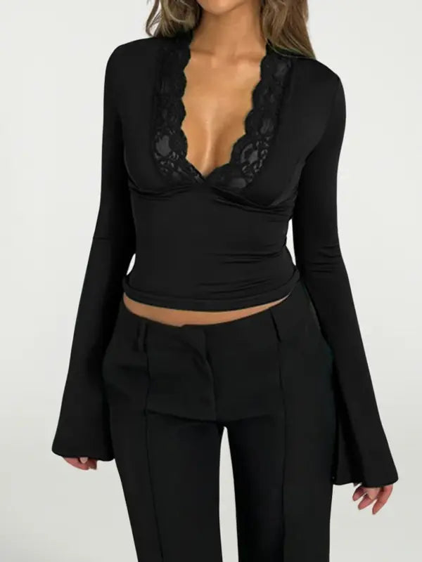 Stilvolles elegantes Damen Longsleeve mit Kontrastspitze und V Ausschnitt