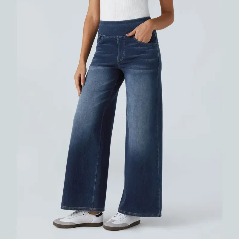 Damen High-Waist Ausgewaschene Baggy Wide-Leg Stretchy Strickjeans mit mehreren Taschen