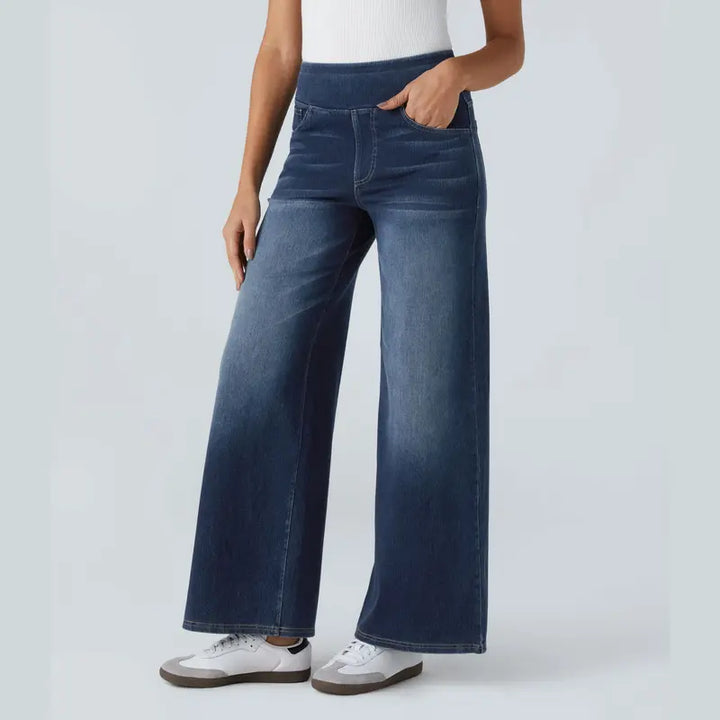Damen High-Waist Ausgewaschene Baggy Wide-Leg Stretchy Strickjeans mit mehreren Taschen