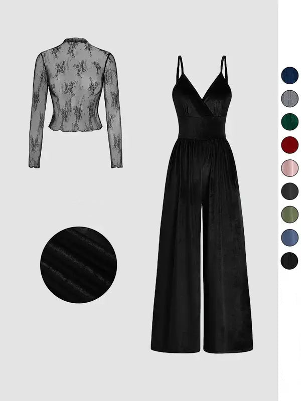 Einfarbiges Spitzen-T-Shirt & Latzanzug-Set für Frühling & Herbst