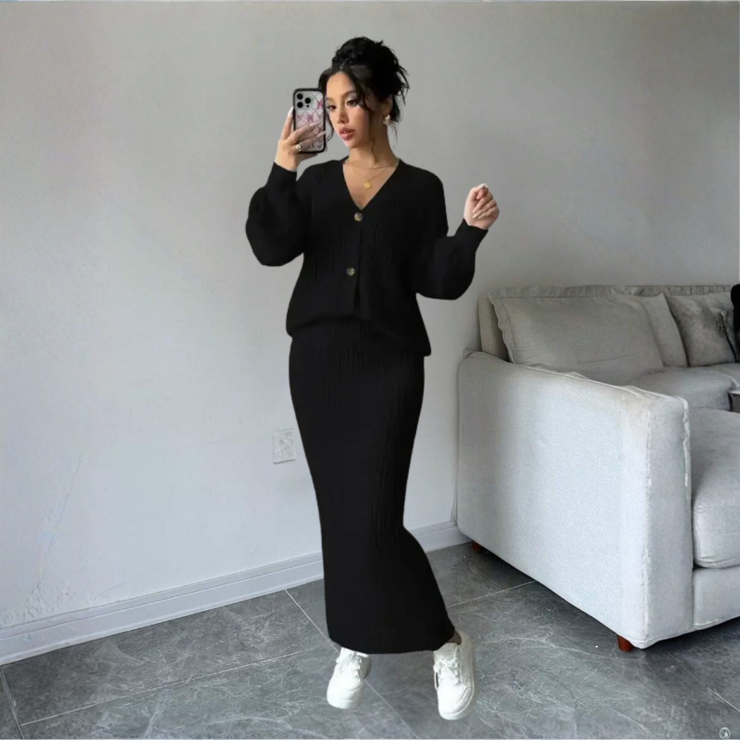 Gemütliches Damen Strick Set mit Knopfleisten Pullover und langem Rock