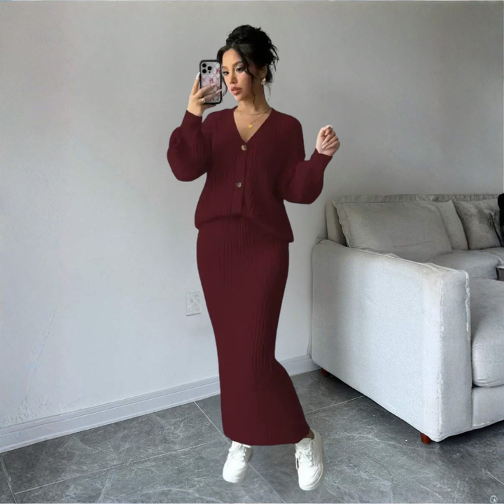 Gemütliches Damen Strick Set mit Knopfleisten Pullover und langem Rock
