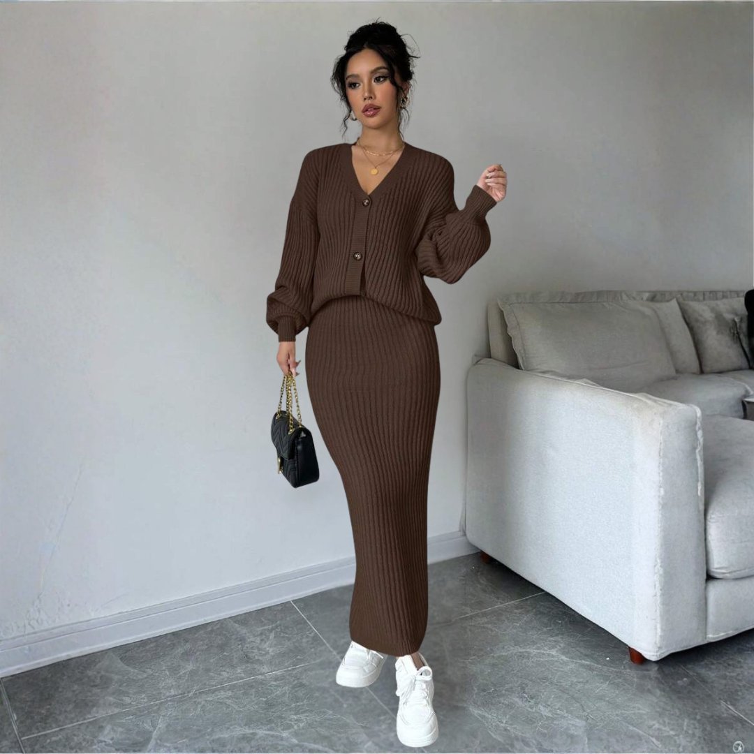 Gemütliches Damen Strick Set mit Knopfleisten Pullover und langem Rock