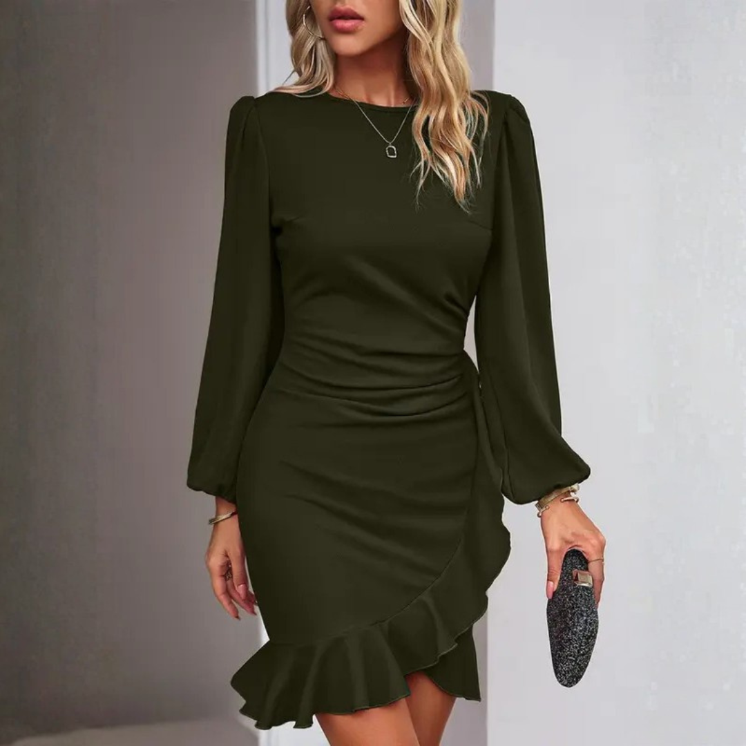 Casual Damen Bodycon Kleid mit Raffungen Reißverschluss und Rüschenbesatz