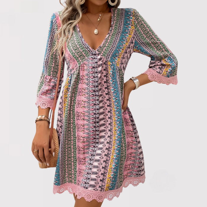 MELINA™ – Boho Charm V-Ausschnitt Kleid