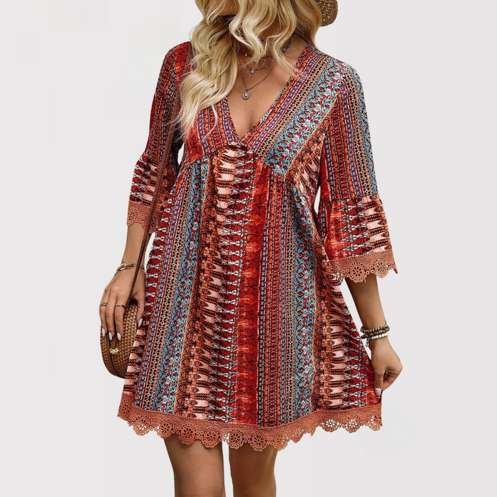 MELINA™ – Boho Charm V-Ausschnitt Kleid
