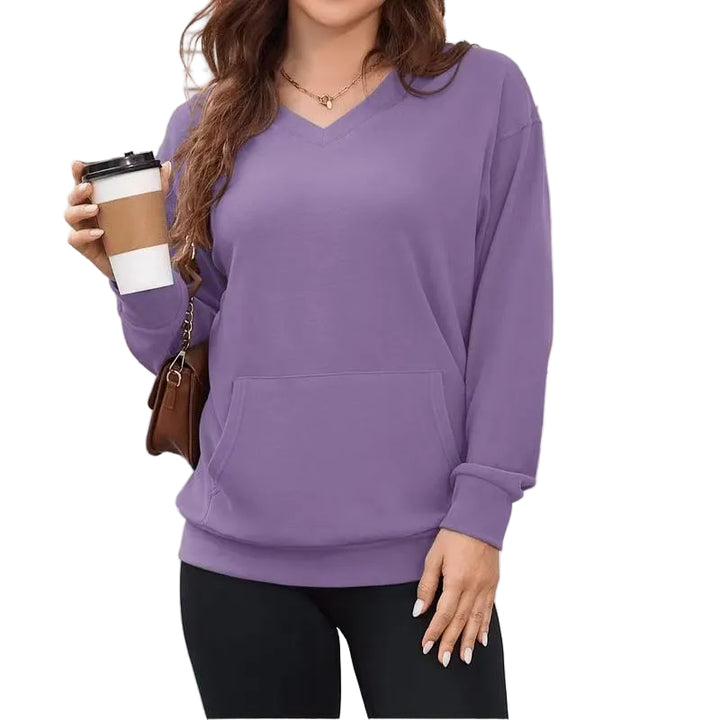 Gemütlicher Damen Hoodless V-Ausschnitt Sweatshirt mit Kängurutasche, Fleece Langarm Oversized Shirt