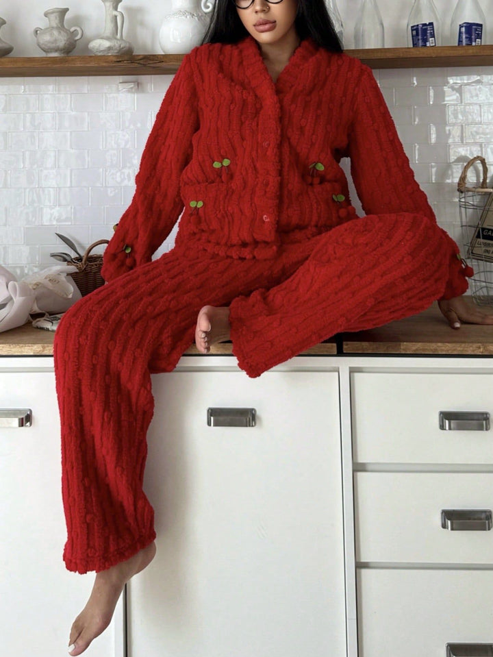 Bequemes Damen Pyjama Set mit Kirschmuster, langärmeliges Flanell Zweiteiler Nachtwäsche