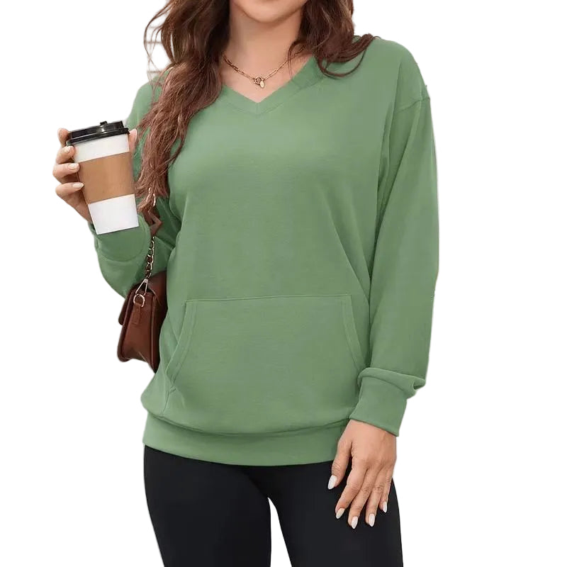 Gemütlicher Damen Hoodless V-Ausschnitt Sweatshirt mit Kängurutasche, Fleece Langarm Oversized Shirt