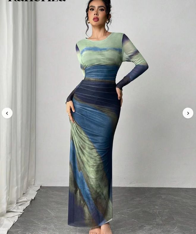 TORINA™ - Bequemes bedrucktes langärmliges Rundhals-Bodycon-Maxikleid