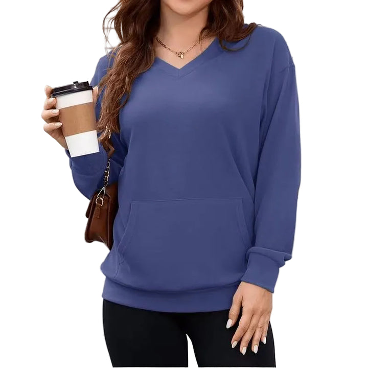 Gemütlicher Damen Hoodless V-Ausschnitt Sweatshirt mit Kängurutasche, Fleece Langarm Oversized Shirt