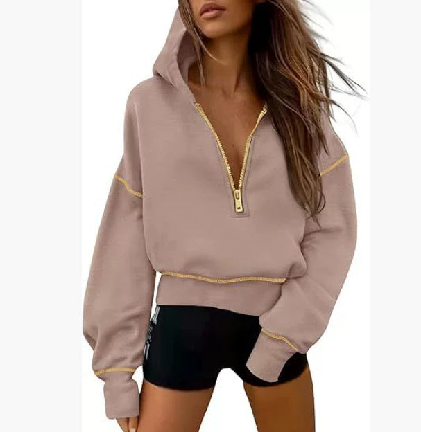 Hoodie Sweatshirt mit Halbzip & Gold Reißverschluss für Winter